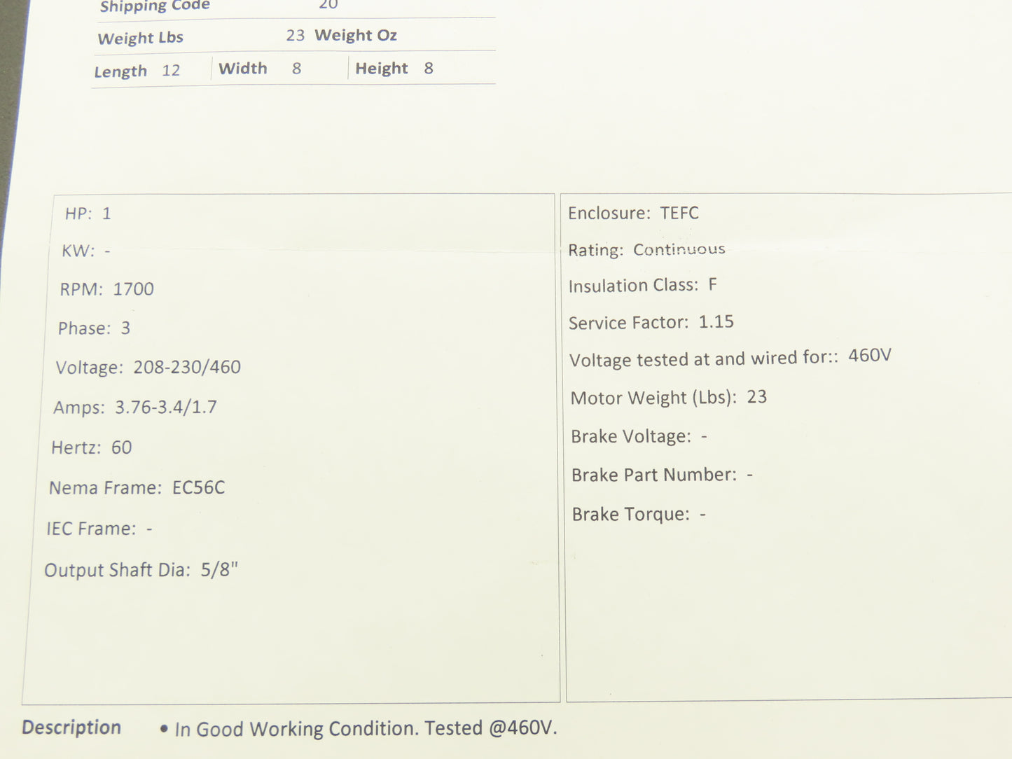 Reliance Electric P56H7641 AC Motor 1Hp 1700 RPM 208-230/460V 3PH 56C TEFC Sabre