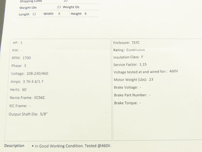 Reliance Electric P56H7641 AC Motor 1Hp 1700 RPM 208-230/460V 3PH 56C TEFC Sabre