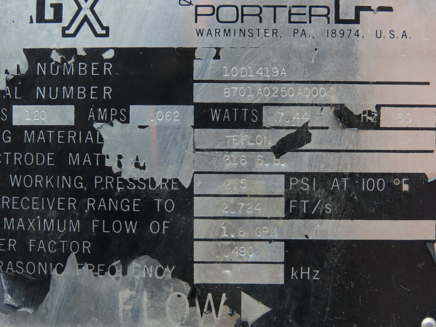 Fischer Porter 10D1419A Mag X Flow Meter Control Unit 120V 275PSI 1.6GPM