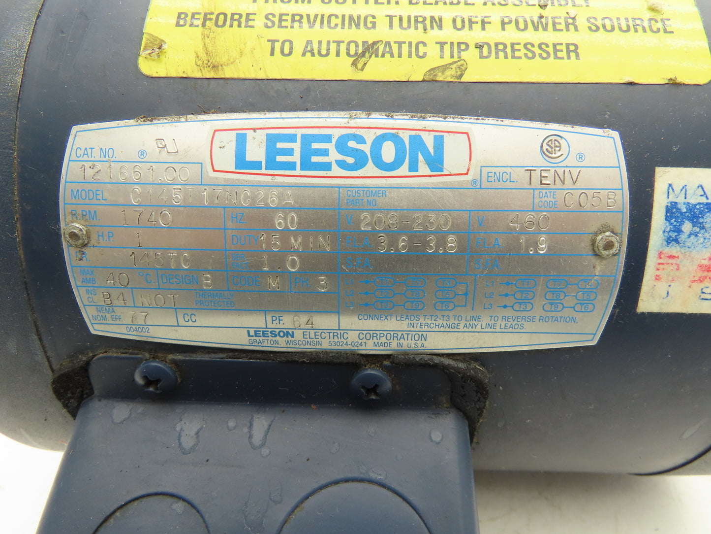 Leeson C145T17NC26A AC Motor 1Hp 1740 RPM 208-230/460V 3Ph 145TC TENV
