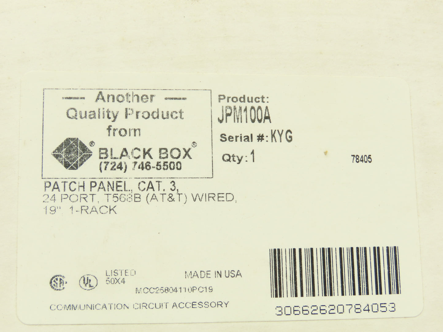 Black Box JPM100A Black Cat 3B Rack Mount Cat 3 Network Patch Panel 24 Port AT&T