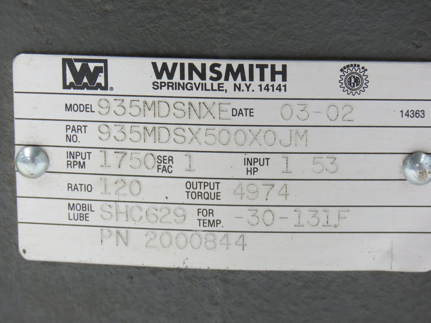 Winsmith 935MDSNXE Double Reduction Worm Gearbox 120:1 Reducer 1.53Hp 14.6 RPM