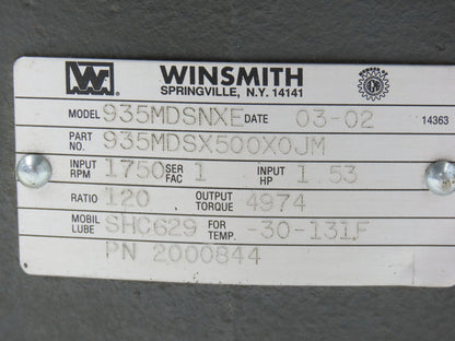 Winsmith 935MDSNXE Double Reduction Worm Gearbox 120:1 Reducer 1.53Hp 14.6 RPM