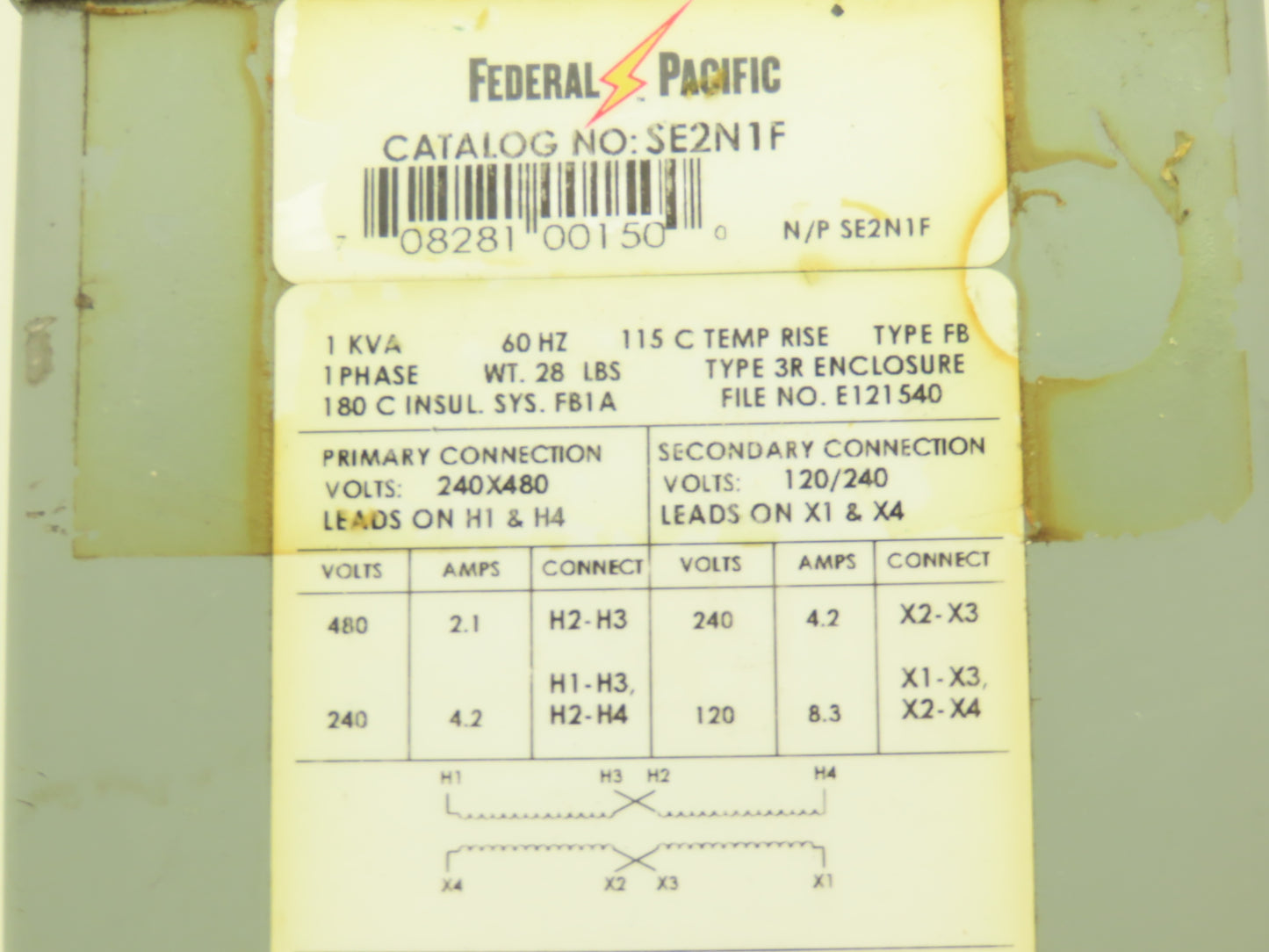 Federal Pacific Transformer 1KVA PRI 240/480V SEC 120/240V 1PH w/Receptacle