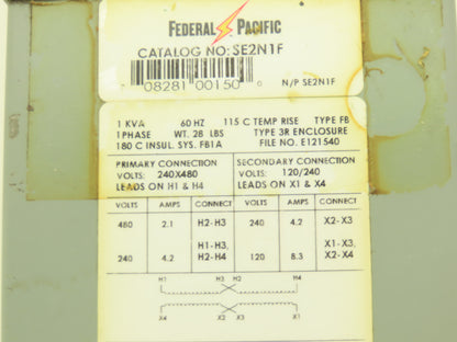 Federal Pacific Transformer 1KVA PRI 240/480V SEC 120/240V 1PH w/Receptacle
