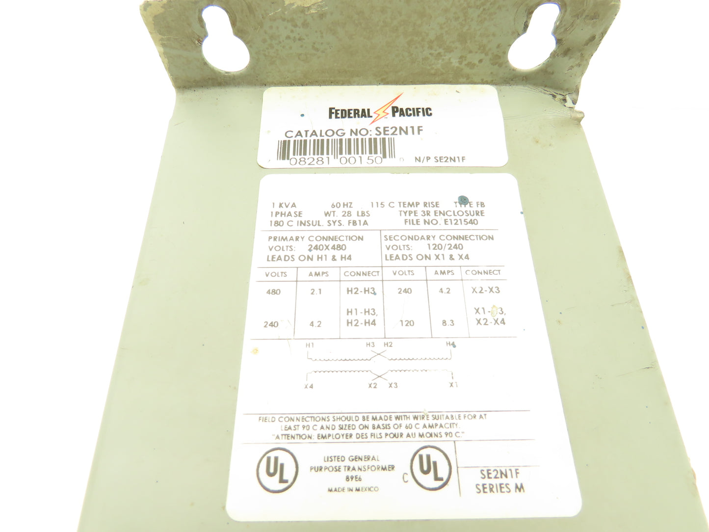 Federal Pacific Transformer 1KVA PRI 240/480V SEC 120/240V 1PH w/Receptacle