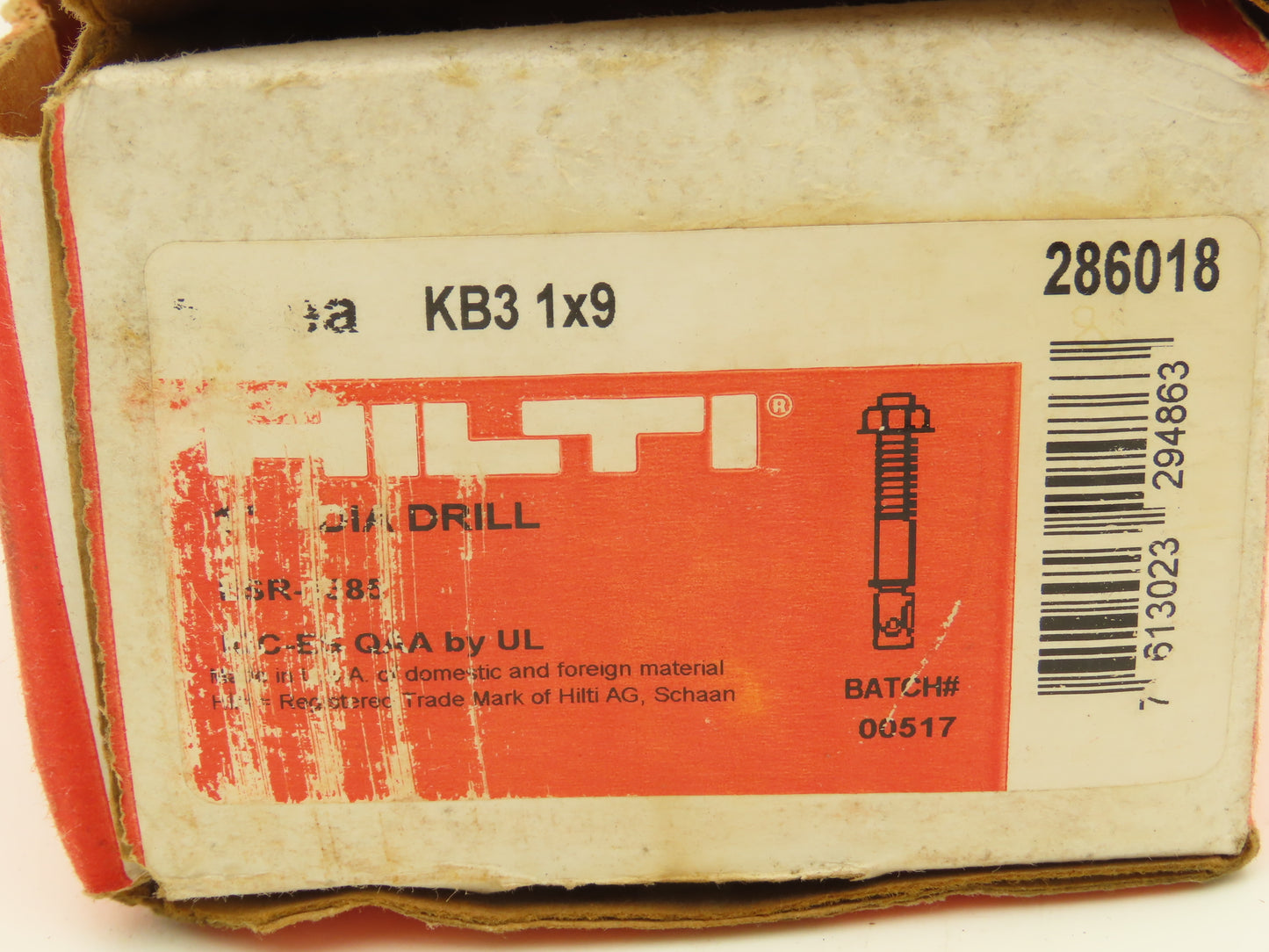 Hilti KB3 1x9 Concrete Expansion Anchor Bolt 1"Dia x 9"Length  Box of 4