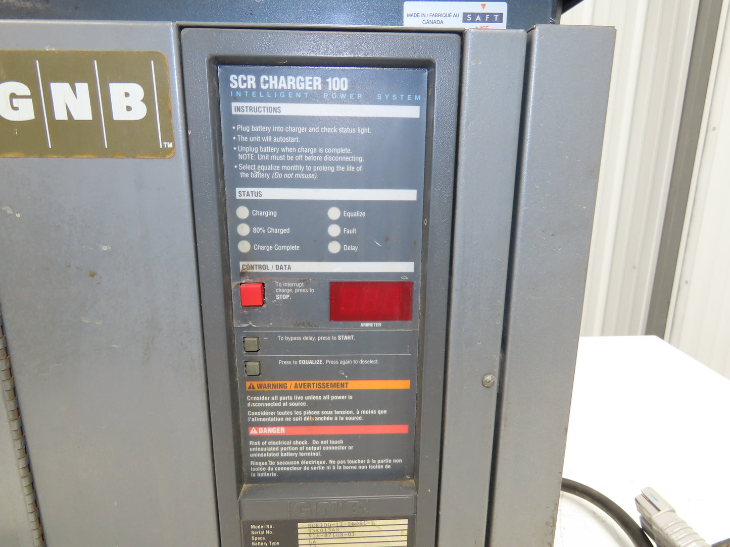 GNB SCR100-12-260S1-L Forklift Battery Charger 24V 40A 260Ah 120/208/240V 1Ph