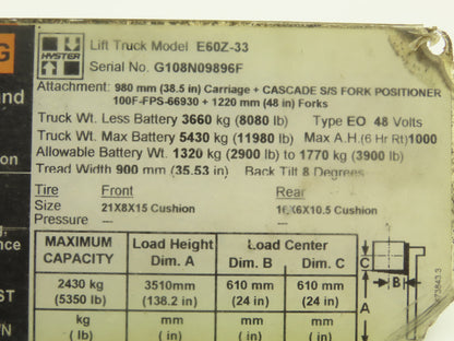 Hyster Electric Forklift Three Lever Control Unit Lift Tilt Shift Off E60Z-33