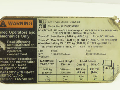 Hyster Brake Pedal & Master Cylinder Assembly Removed From E60Z-33 Forklift