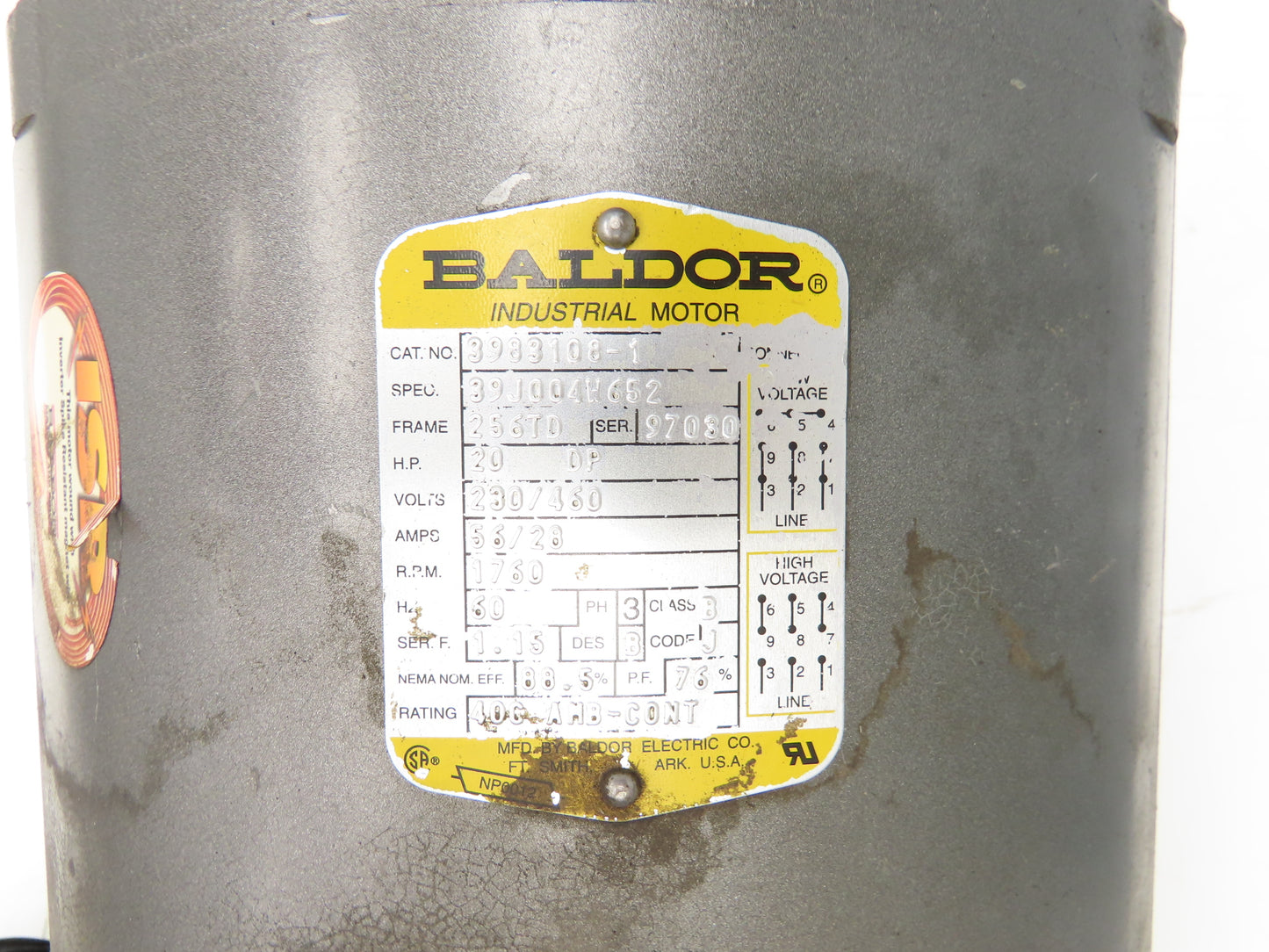 Baldor 3983108 AC Electric Motor 20Hp 1760rpm 230/460V 3Ph 256TD C Face