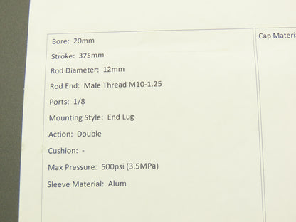 Taiyo 35Z-1 Hydraulic Cylinder 20mm Bore 375mm Stroke 500psi 1LB20N375-A0