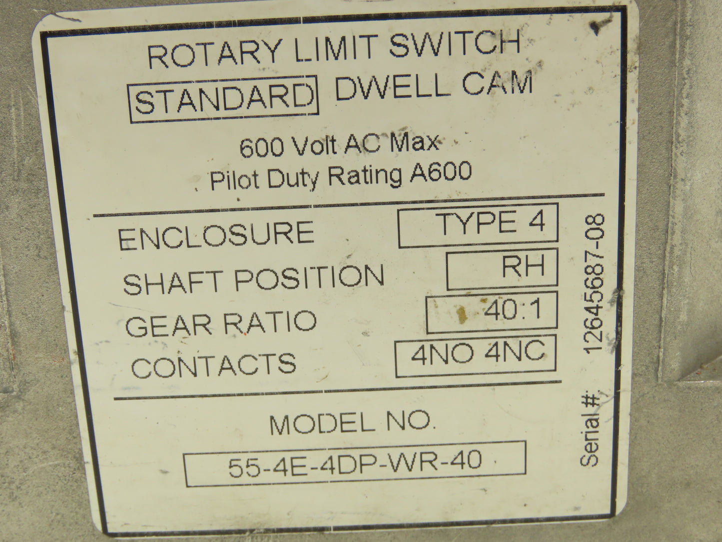 Hubbell 55-4E-4DP-WR-40 Rotary Cam Limit Switch 40:1 Gear Ratio 4NO 4NC 600V RH