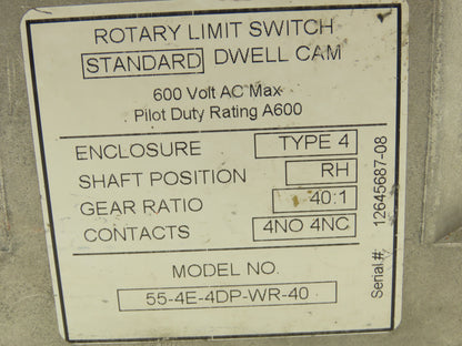 Hubbell 55-4E-4DP-WR-40 Rotary Cam Limit Switch 40:1 Gear Ratio 4NO 4NC 600V RH