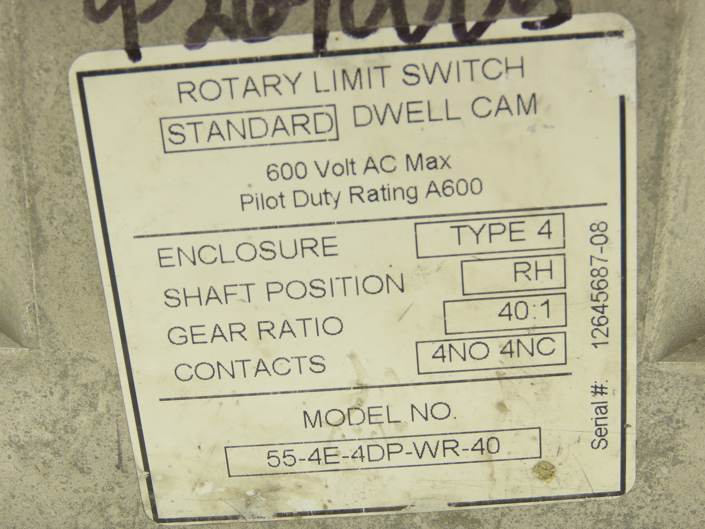 Hubbell 55-4E-4DP-WR-40 Rotary Cam Limit Switch 40:1 Gear Ratio 4NO 4NC 600V RH