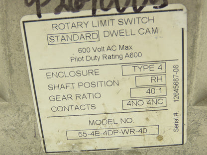 Hubbell 55-4E-4DP-WR-40 Rotary Cam Limit Switch 40:1 Gear Ratio 4NO 4NC 600V RH