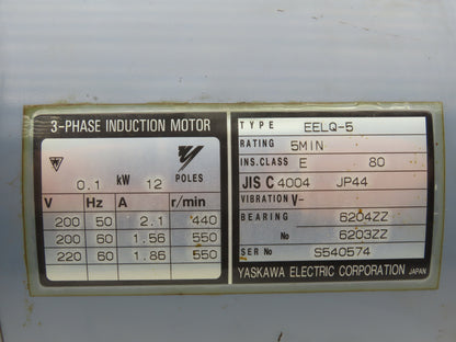 Yaskawa EELQ-5 Electric Motor .1kw 220V 550rpm 12 Pole 3 Phase Kia Turn 15