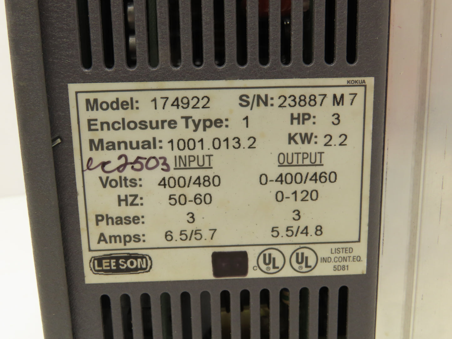 Leeson 174922 Speedmaster Adjustable Speed AC Motor Control VFD 3Hp 460V 3PH