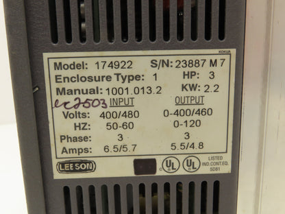 Leeson 174922 Speedmaster Adjustable Speed AC Motor Control VFD 3Hp 460V 3PH