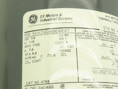 General Electric 5KH39QN9698AT  AC Motor 1/2 Hp 1725 RPM 115V 1Ph Shaft 1/2"