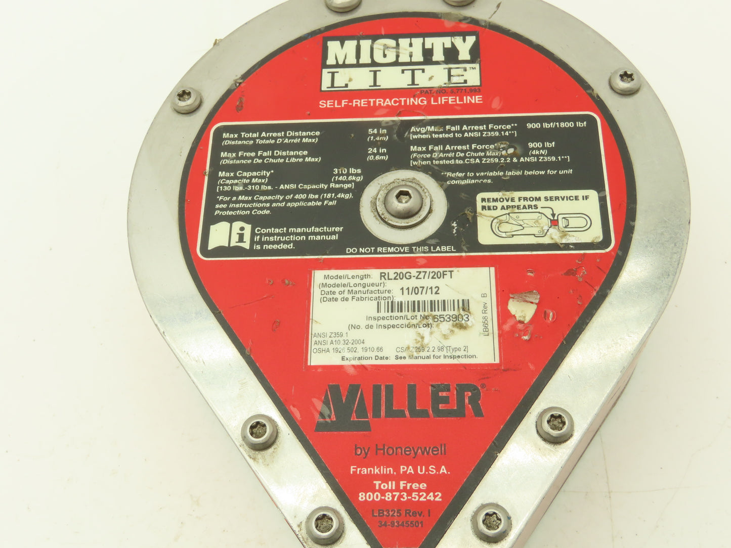 Miller RL20G-Z7 Mighty Lite Self Retracting Fall Safety Lifeline 20' L 310lbs