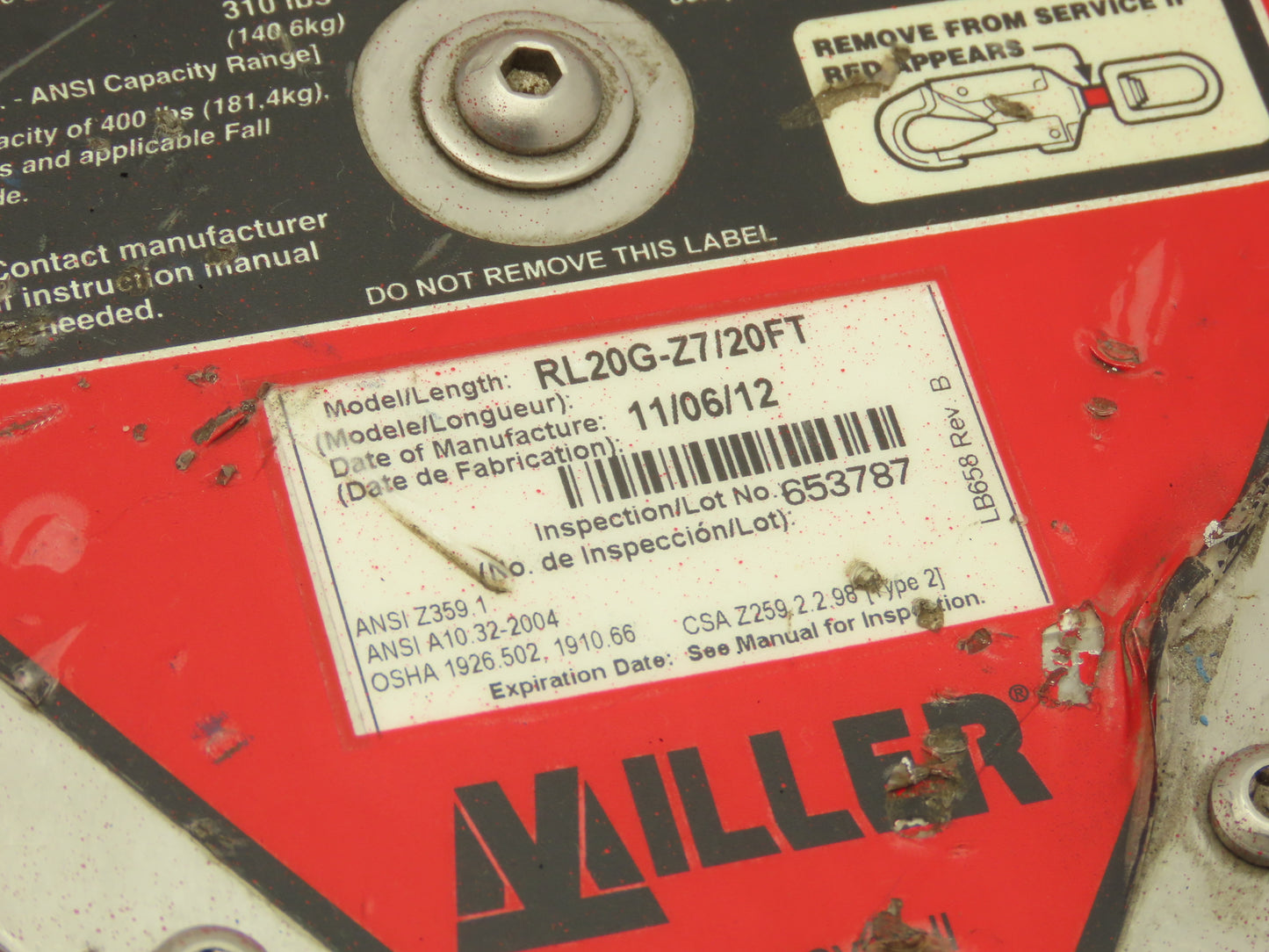 Miller RL20G-Z7 Mighty Lite Self Retracting Fall Safety Lifeline 20' L 310lbs