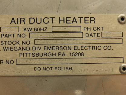 Emerson Electric 106-119780-001 E. L. Wiegand Air Duct Heater 440V Stainless