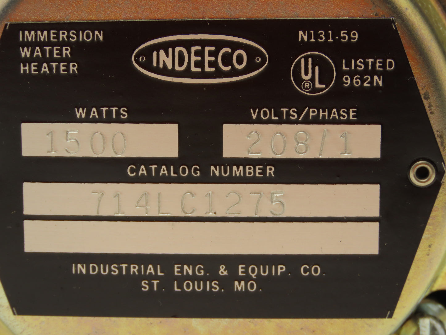 Indeeco 714LC1275  12" Immersion Heater 1500W 208V 1PH 2.5"NPT Screw Plug