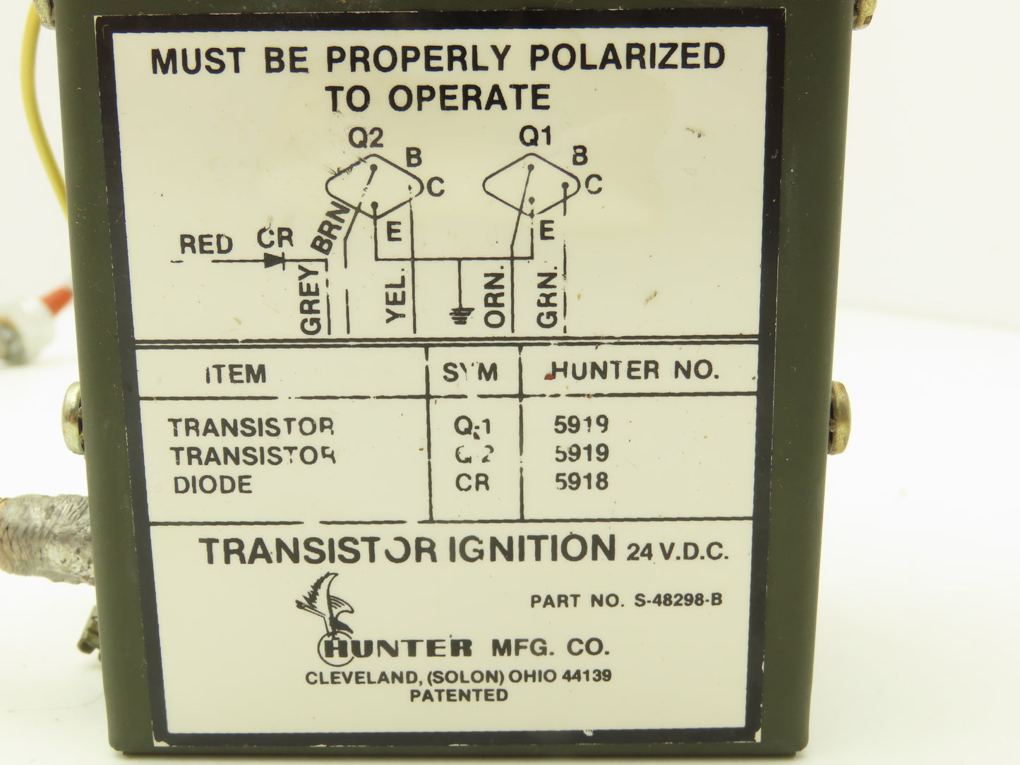 Hunter Mfg 5919 Transistor Ignition Switch 24VDC Military Surplus
