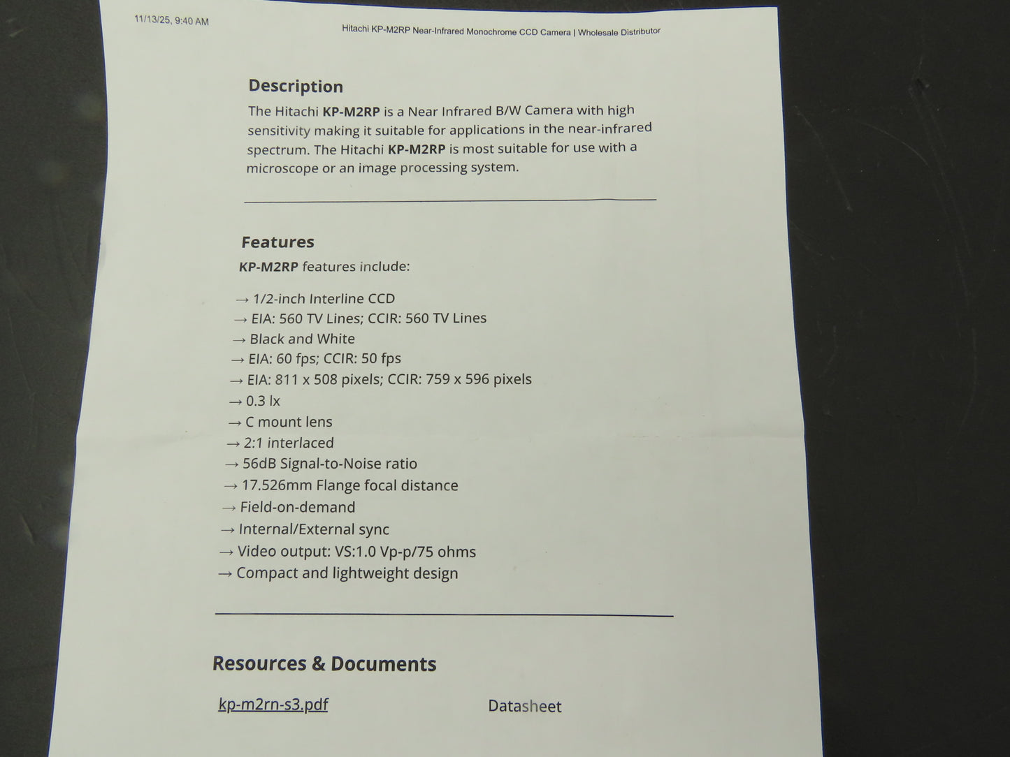 Hitachi KP-M2RP Camera Near-Infrared Monochrome CCD Industrial Lens HF16A-2M1