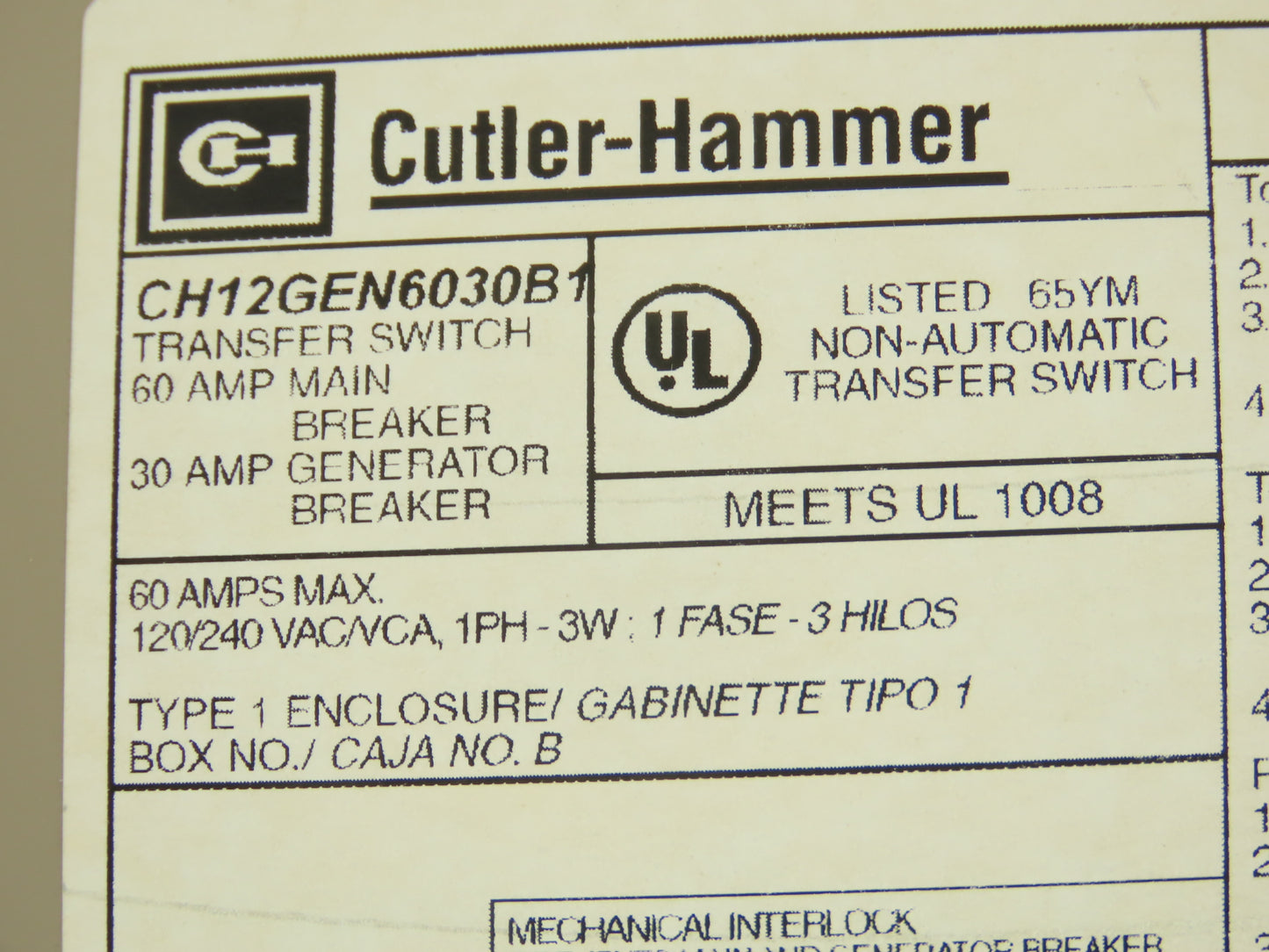 Cutler Hammer CH12GEN6030B1 Breaker Panel Generator Transfer 60/30A 120/240V
