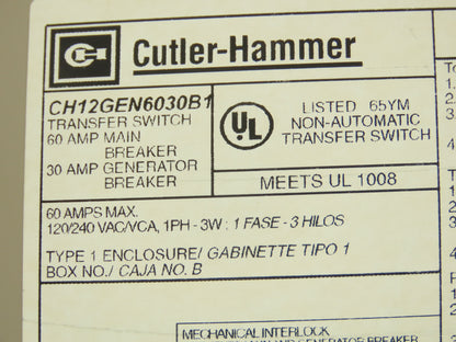 Cutler Hammer CH12GEN6030B1 Breaker Panel Generator Transfer 60/30A 120/240V