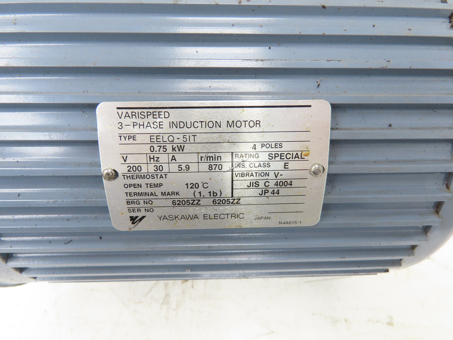Yaskawa EELQ-5IT Varispeed Motor .75kw 200V 30Hz 870rpm 4 Pole 3Ph Kia Turn 15