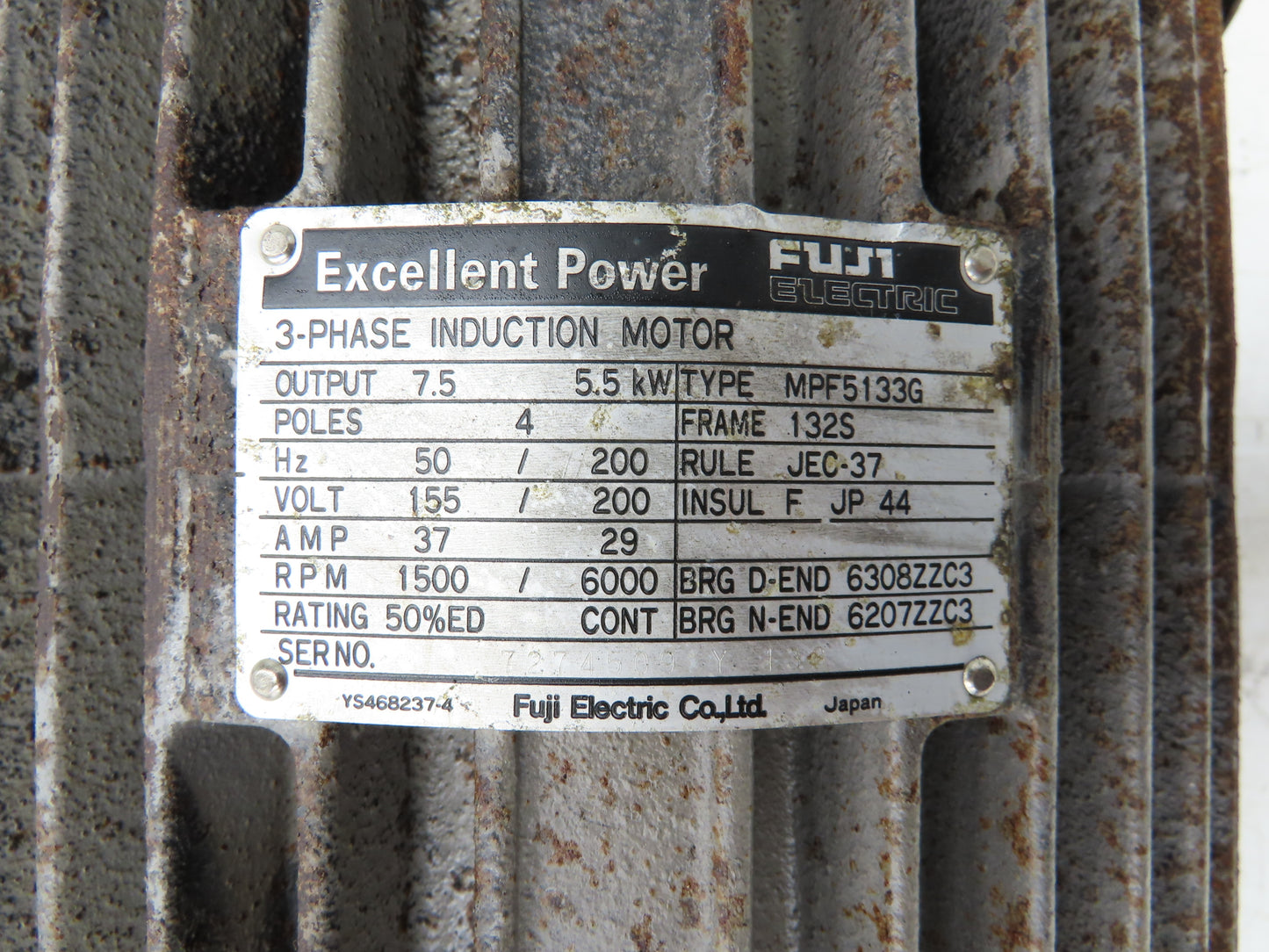 Fuji Electric MPF5133G Spindle Motor 7.5kw 1500/6000rpm 200V 3PH Kia Turn 15