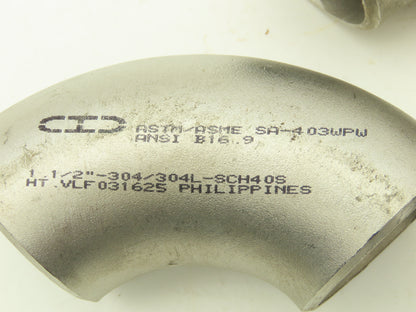 CID 304L SCH 40 Stainless Steel 90° Elbow 1-1/2" Butt Weld SA-403WPW  Lot of 11