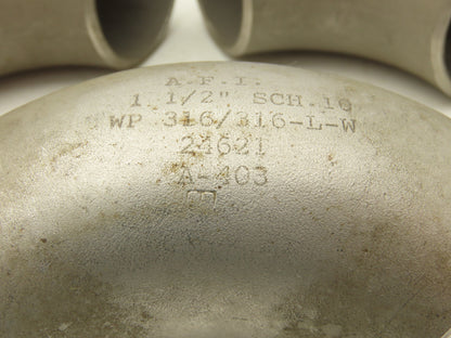 AFI 316L SCH 10 Stainless Steel 90° Elbow 1-1/2" Butt Weld  Lot of 5