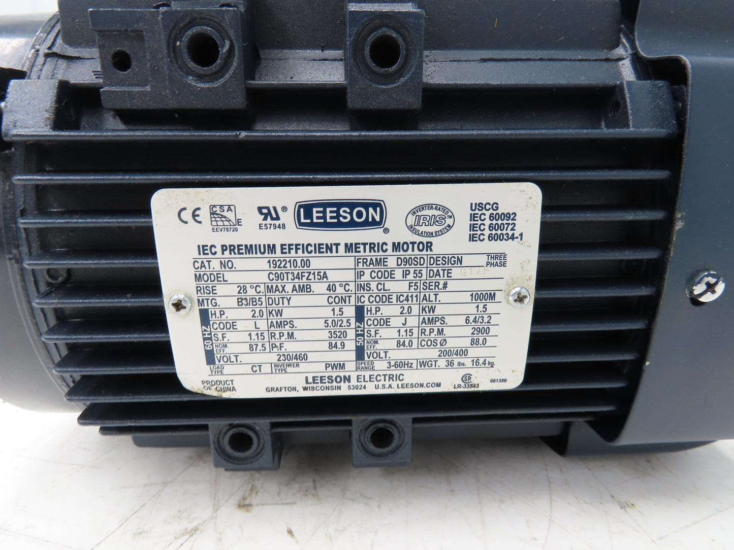 Leeson 192210.00 C90T34FZ15A IEC Metric AC Motor 2Hp 3520 RPM 230/460V 3PH D90SD