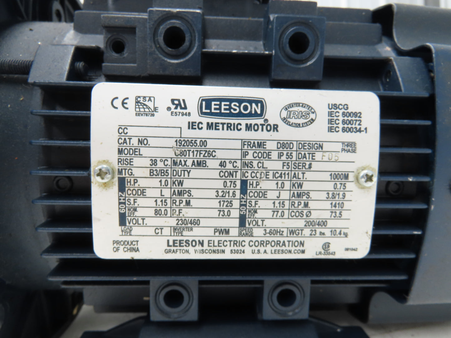 Leeson 192080.00 C80T17FZ6C IEC Metric AC Motor 1Hp 1725 RPM 230/460V 3PH D80D