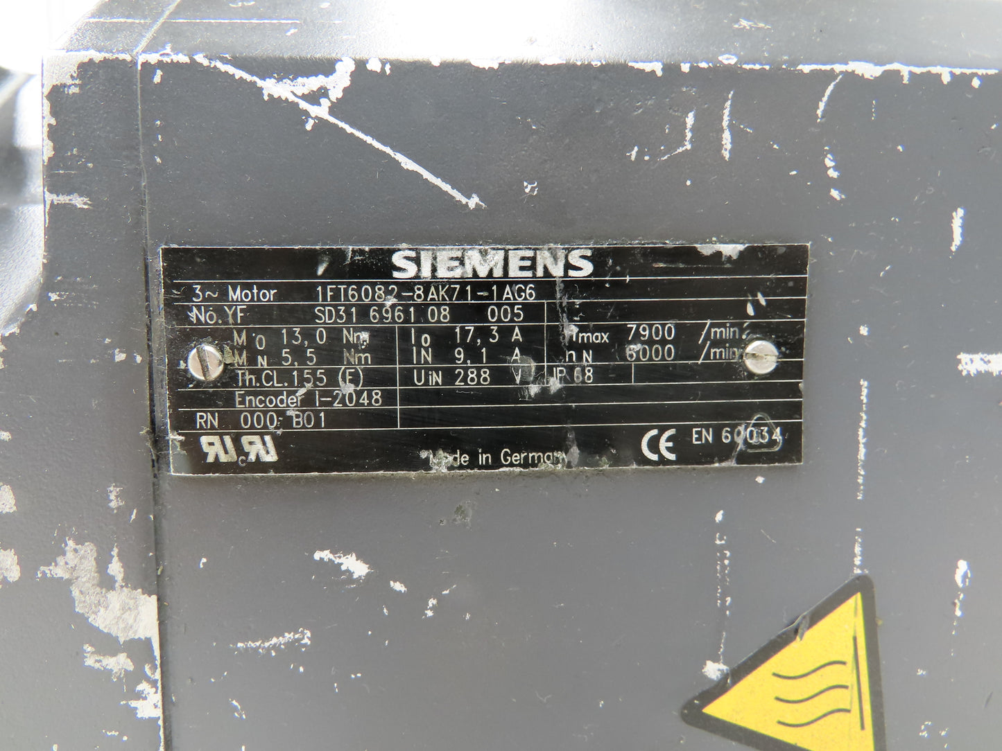 Siemens 1FT6082-8AK71-1AG6 Permanent Magnet Servo Motor 4.7Hp 6000 RPM 3PH