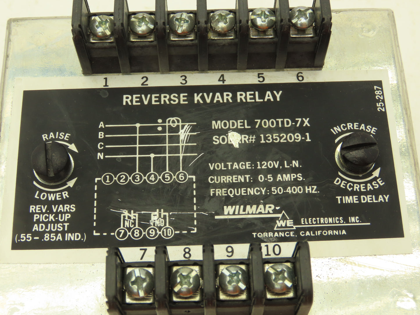 Wilmar 700TD-7X Reverse Kvar Relay 120V 50-400Hz Adjustable Time Delay