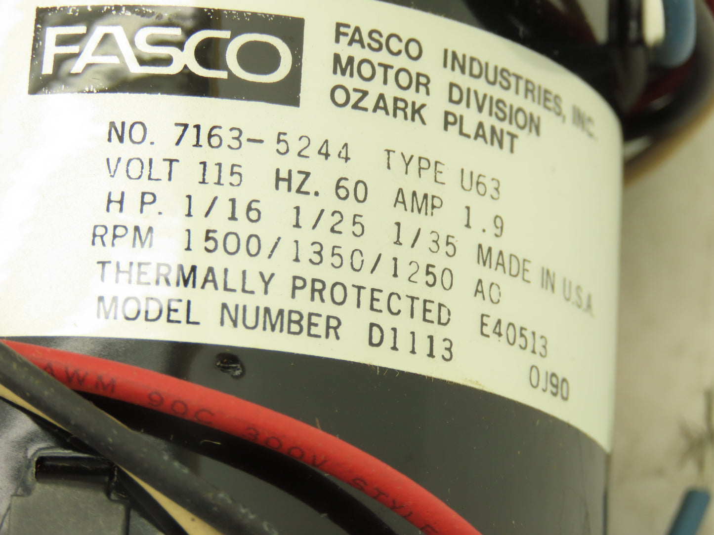 Fasco 7163-5244 3 Speed AC Blower Motor 1/16Hp 1500RPM Model D1113 115V 60Hz