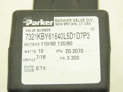 Parker 7321KBY61640L5D1D7P3 Skinner Solenoid Valve 110V 60Hz 10W 3-300PSI Timed