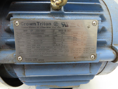 Crown Triton HKS182SR235WWE AC Motor 3Hp 1760rpm 230/460V 3PH HHI3-18-182T