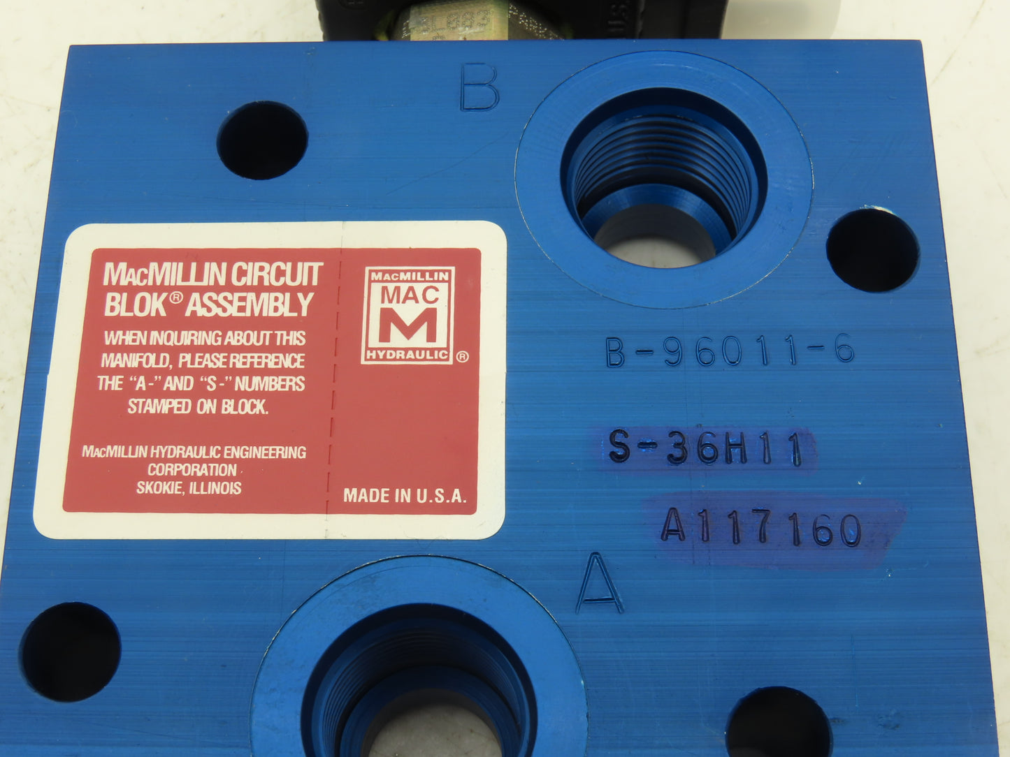 MacMillin Parker B-96011-6 Hydraulic Circuit Blok Assembly 120VAC