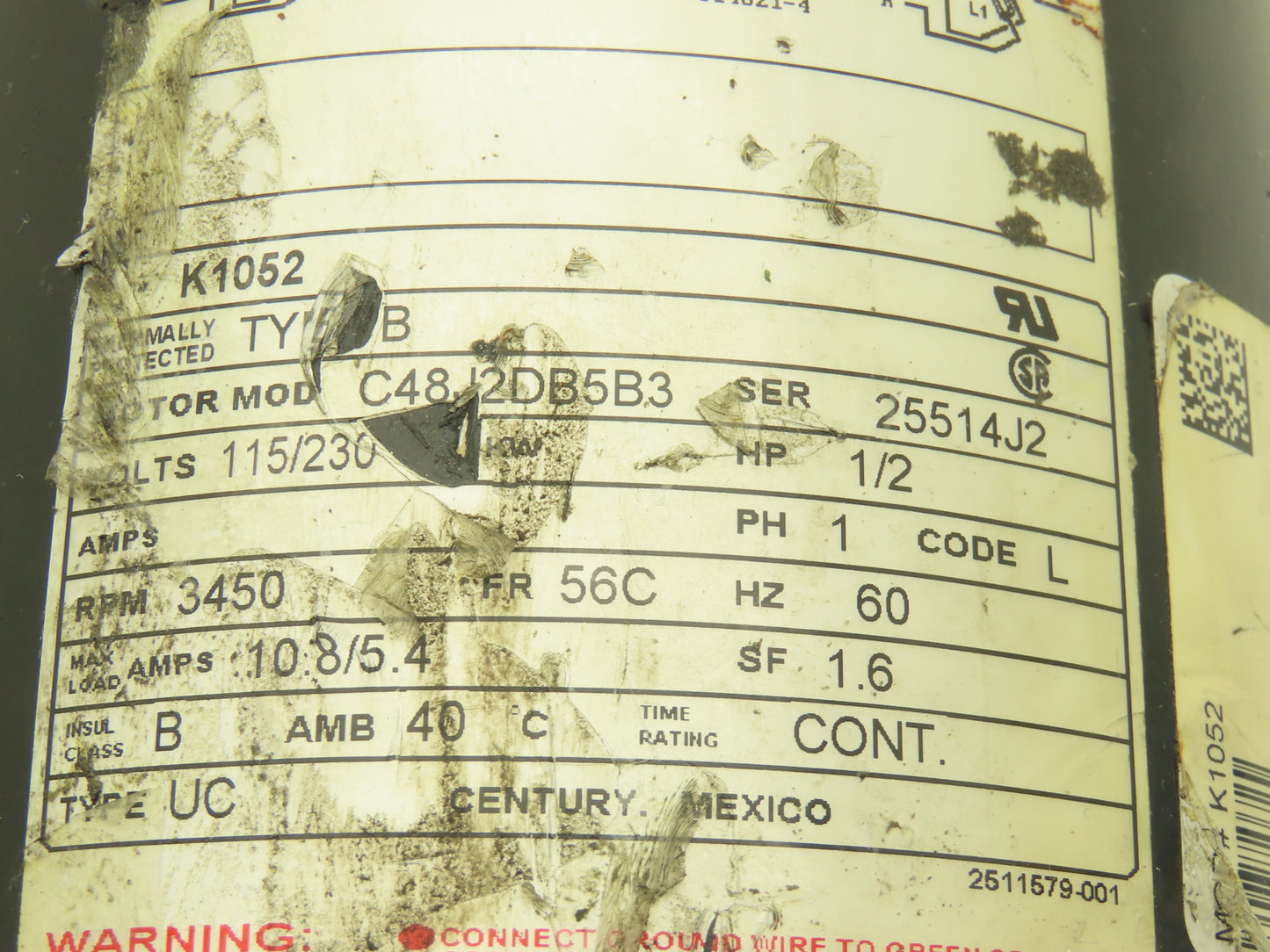 AO Smith K1052 C48J2DB5B3 Fan Blower Motor 1/2Hp 3450rpm 115/230V 1PH 56C