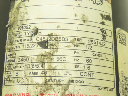 AO Smith K1052 C48J2DB5B3 Fan Blower Motor 1/2Hp 3450rpm 115/230V 1PH 56C