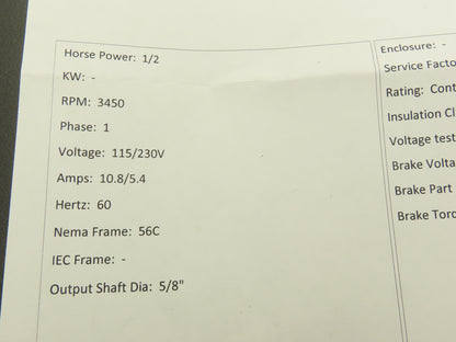AO Smith K1052 C48J2DB5B3 Fan Blower Motor 1/2Hp 3450rpm 115/230V 1PH 56C