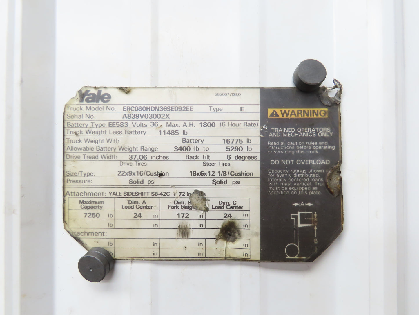 Yale ERC080HDN36SE092EE Forklift Mast 3 Stage 3 Lever 172" Lift 7250lb Class 2