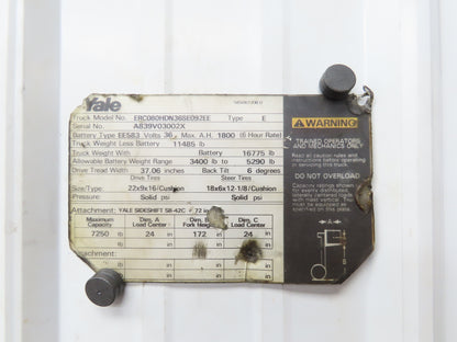 Yale ERC080HDN36SE092EE Forklift Mast 3 Stage 3 Lever 172" Lift 7250lb Class 2