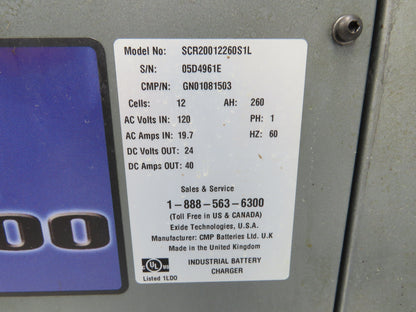 GNB SCR20012260S1L SCR200 Forklift Battery Charger 24V 260Ah 120/208/240V 1Ph